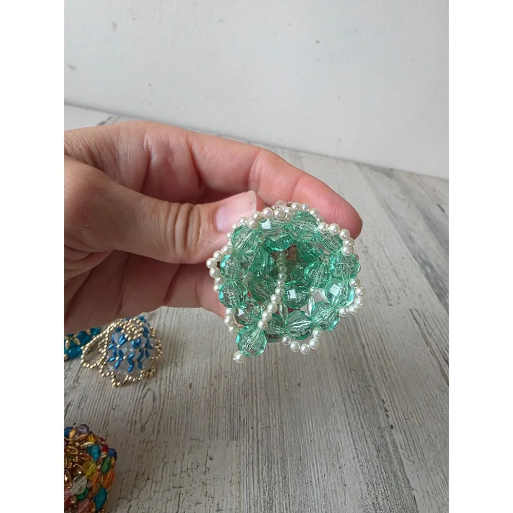 Vintage beaded Bell ornament blue rainbow green pearl Xmas tree set
